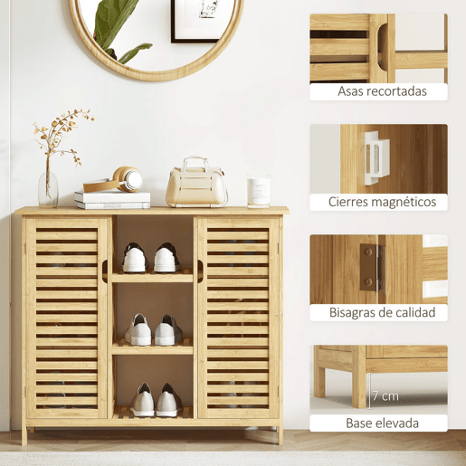 HOMCOM Sapateira com 2 Portas de Bambu em Ripas Sapateira para Entrada com Prateleiras e Compartimentos Abertos para 9 Pares de Sapatos 100x33x86 cm Madeira
