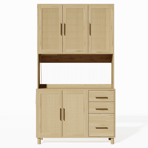 Vitrine alta com efeito madeira e rattan, iluminação LED, tomadas integradas BRUQEIDS WOOD