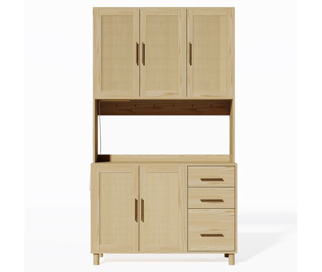 Vitrina alta efecto madera y ratán, iluminación led, enchufes integrados bruqeids wood