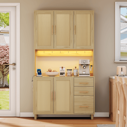 Vitrine alta com efeito madeira e rattan, iluminação LED, tomadas integradas BRUQEIDS WOOD