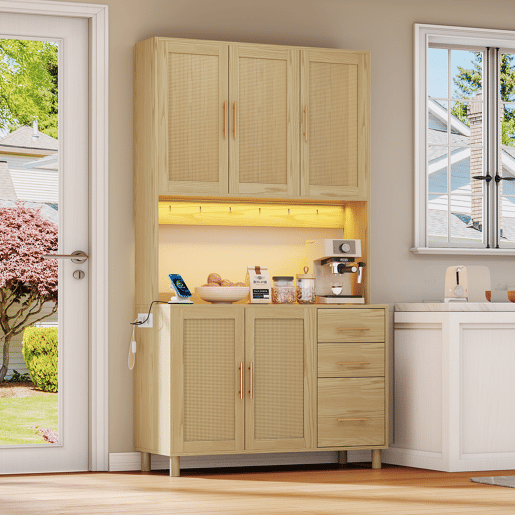 Vitrine alta com efeito madeira e rattan, iluminação LED, tomadas integradas BRUQEIDS WOOD