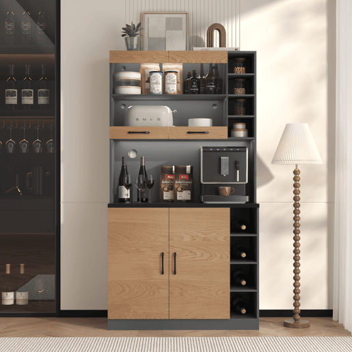 Vitrine alta RIHLAIH preta com efeito madeira, iluminação LED e portas de vidro