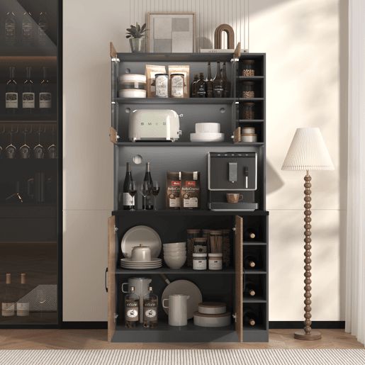 Vitrine alta RIHLAIH preta com efeito madeira, iluminação LED e portas de vidro