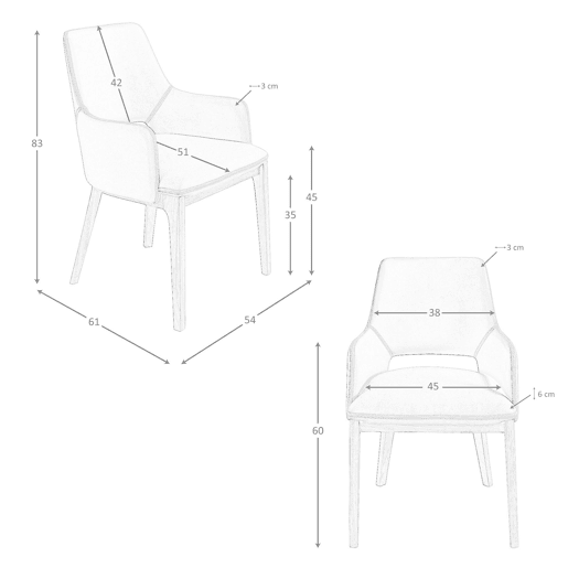 Cadeira em pele ecológica castanha modelo 4157 Angel Cerdá S.L.Cadeira com braços de design moderno com assento e encosto estofados em couro sintético castanho.