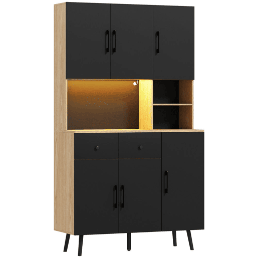 HOMCOM Armário de Cozinha Alto com Luzes LED RGB Móvel Auxiliar de Cozinha com 6 Portas 2 Gavetas Bancada e Orifício para Cabos Estilo Moderno 100x40x176 cm Preto e Madeira