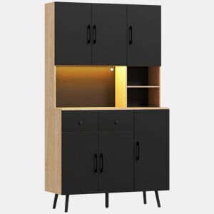 HOMCOM Armário de Cozinha Alto com Luzes LED RGB Móvel Auxiliar de Cozinha com 6 Portas 2 Gavetas Bancada e Orifício para Cabos Estilo Moderno 100x40x176 cm Preto e Madeira