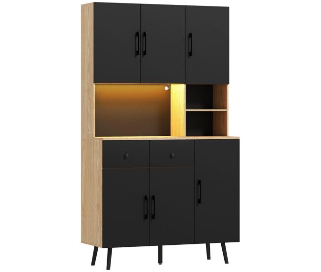 Homcom alacena de cocina alta con luces led rgb controlable por app mueble auxiliar de cocina con 6 puertas 2 cajones encimera estantes ajustables y orificio para cables negro y roble 100x40x176 cm