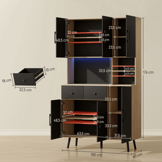 HOMCOM Armário de Cozinha Alto com Luzes LED RGB Móvel Auxiliar de Cozinha com 6 Portas 2 Gavetas Bancada e Orifício para Cabos Estilo Moderno 100x40x176 cm Preto e Madeira