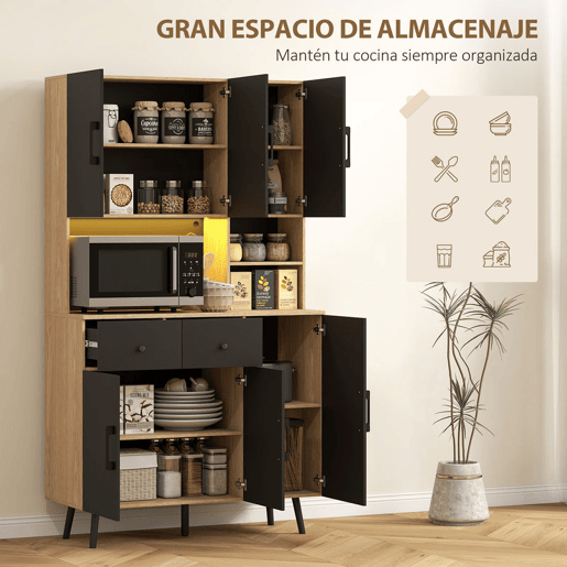 HOMCOM Armário de Cozinha Alto com Luzes LED RGB Móvel Auxiliar de Cozinha com 6 Portas 2 Gavetas Bancada e Orifício para Cabos Estilo Moderno 100x40x176 cm Preto e Madeira