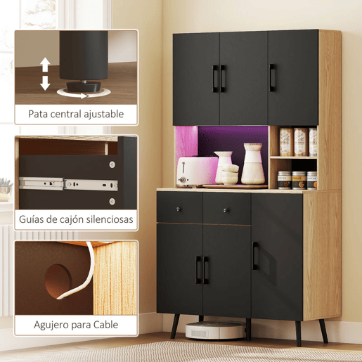 HOMCOM Armário de Cozinha Alto com Luzes LED RGB Móvel Auxiliar de Cozinha com 6 Portas 2 Gavetas Bancada e Orifício para Cabos Estilo Moderno 100x40x176 cm Preto e Madeira