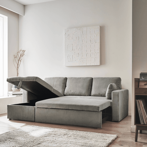 Sofá-cama de canto conversível de veludo canelado grosso de 3 lugares, Ida veludo canelado, Cinza Claro, 219x84x68 cm