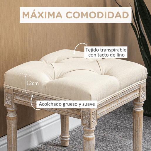 HOMCOM Banco de Sala de Estar Banco Estilo Vintage com Assento em Capitonê e Pés Esculpidos de Madeira para Entrada Dormitório 40x40x43 cm Bege