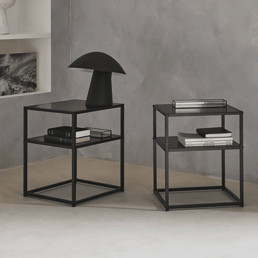 Mesa de cabeceira metálica com prateleira, set de 2, Industrielle, Preto, 43x40x52 cm