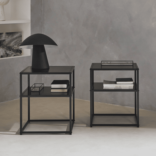 Mesa de cabeceira metálica com prateleira, set de 2, Industrielle, Preto, 43x40x52 cm