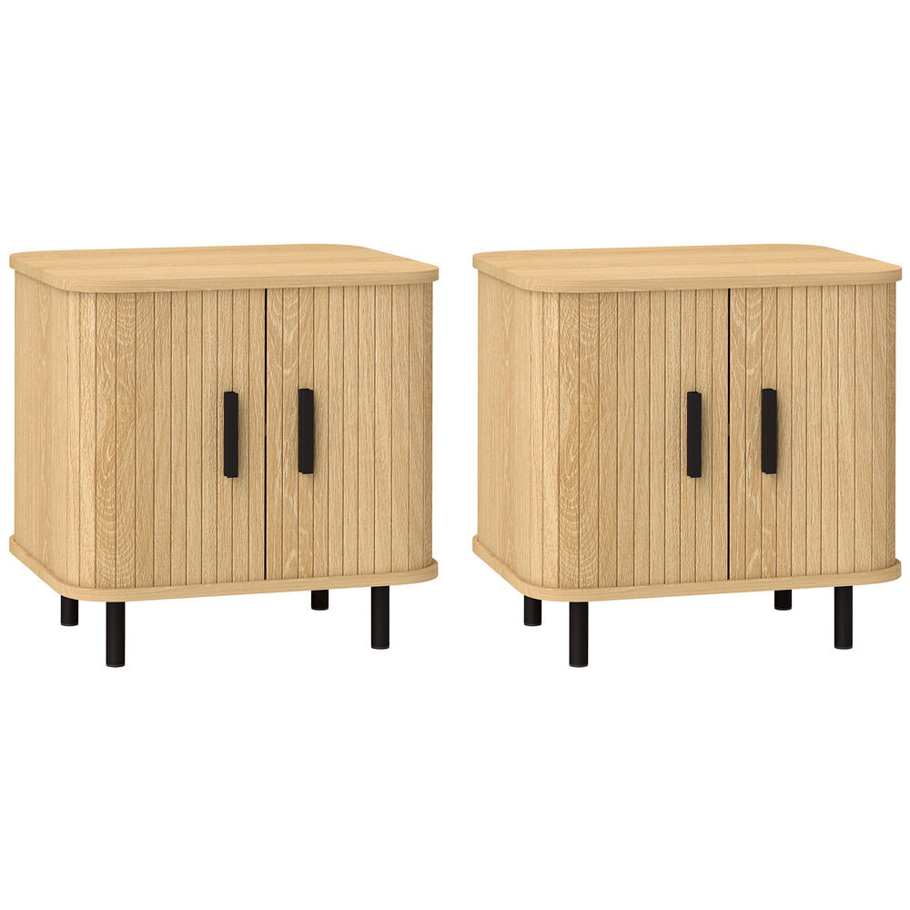 Homcom pack de 2 mesitas de noche mesillas de noche dormitorio con puertas correderas 2 estantes y patas de acero estilo escandinavo para salón 48x40x48 cm roble