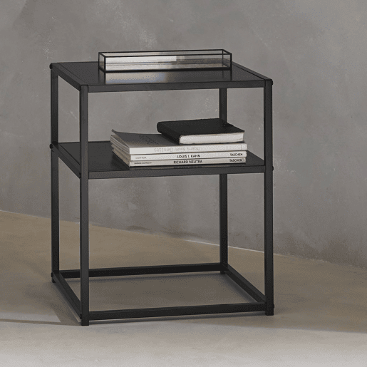Mesa de cabeceira em metal preto com prateleira, Industrielle, Preto, 43x40x52 cm