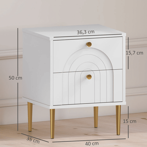 HOMCOM Conjunto de 2 Mesas de Cabeceira Mesas de Cabeceira para Dormitório com 2 Gavetas e Pés de Aço Estilo Moderno 40x35x50 cm Branco
