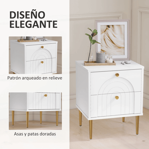 HOMCOM Conjunto de 2 Mesas de Cabeceira Mesas de Cabeceira para Dormitório com 2 Gavetas e Pés de Aço Estilo Moderno 40x35x50 cm Branco