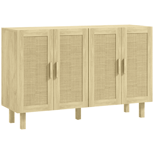 HOMCOM Aparador de Sala de Estar com 4 Portas com Rede em Vime e Prateleiras Ajustáveis Aparador para Cozinha Escritório Estúdio Quarto Estilo Nórdico Anti-Tombo 120x39,5x76 cm Madeira