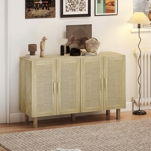 HOMCOM Aparador de Sala de Estar com 4 Portas com Rede em Vime e Prateleiras Ajustáveis Aparador para Cozinha Escritório Estúdio Quarto Estilo Nórdico Anti-Tombo 120x39,5x76 cm Madeira
