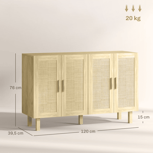 HOMCOM Aparador de Sala de Estar com 4 Portas com Rede em Vime e Prateleiras Ajustáveis Aparador para Cozinha Escritório Estúdio Quarto Estilo Nórdico Anti-Tombo 120x39,5x76 cm Madeira