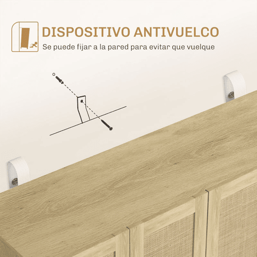 HOMCOM Aparador de Sala de Estar com 4 Portas com Rede em Vime e Prateleiras Ajustáveis Aparador para Cozinha Escritório Estúdio Quarto Estilo Nórdico Anti-Tombo 120x39,5x76 cm Madeira