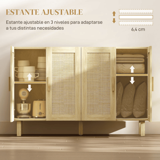 HOMCOM Aparador de Sala de Estar com 4 Portas com Rede em Vime e Prateleiras Ajustáveis Aparador para Cozinha Escritório Estúdio Quarto Estilo Nórdico Anti-Tombo 120x39,5x76 cm Madeira