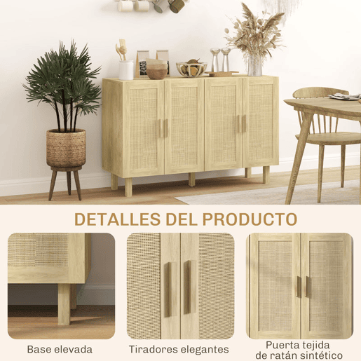 HOMCOM Aparador de Sala de Estar com 4 Portas com Rede em Vime e Prateleiras Ajustáveis Aparador para Cozinha Escritório Estúdio Quarto Estilo Nórdico Anti-Tombo 120x39,5x76 cm Madeira