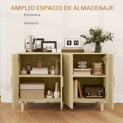 HOMCOM Aparador de Sala de Estar com 4 Portas com Rede em Vime e Prateleiras Ajustáveis Aparador para Cozinha Escritório Estúdio Quarto Estilo Nórdico Anti-Tombo 120x39,5x76 cm Madeira