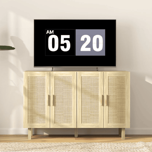 HOMCOM Aparador de Sala de Estar com 4 Portas com Rede em Vime e Prateleiras Ajustáveis Aparador para Cozinha Escritório Estúdio Quarto Estilo Nórdico Anti-Tombo 120x39,5x76 cm Madeira