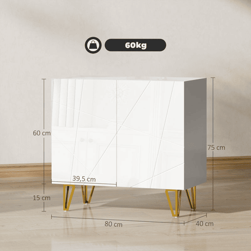 HOMCOM Aparador para Sala Aparador de Entrada com 2 Portas e Prateleiras Ajustáveis Armário de Armazenamento para Cozinha Sala 80x40x75 cm Branco Brilhante