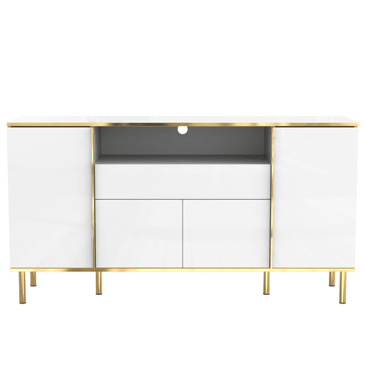 Aparador moderno e luxuoso branco com iluminação LED e detalhes em dourado brilhante YIRELL WHITE