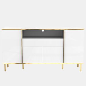 Aparador moderno e luxuoso branco com iluminação LED e detalhes em dourado brilhante YIRELL WHITE
