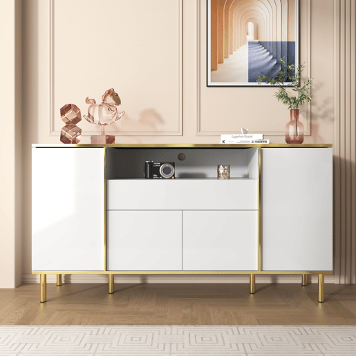 Aparador moderno e luxuoso branco com iluminação LED e detalhes em dourado brilhante YIRELL WHITE