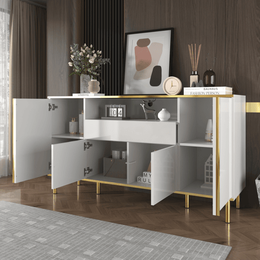 Aparador moderno e luxuoso branco com iluminação LED e detalhes em dourado brilhante YIRELL WHITE