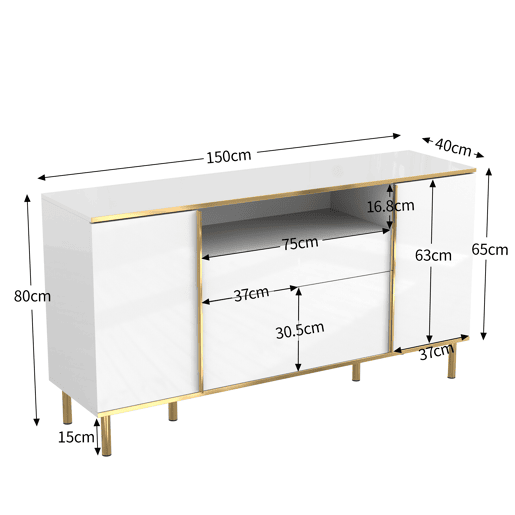 Aparador moderno e luxuoso branco com iluminação LED e detalhes em dourado brilhante YIRELL WHITE
