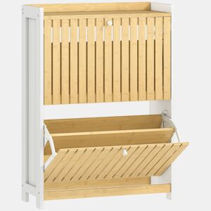 HOMCOM Sapateira Estreita com 2 Portas de Bambu em Ripas Móvel Sapateira com Prateleiras Ajustáveis para 12 Pares de Sapatos 60x24x82,5 cm Branco e Madeira