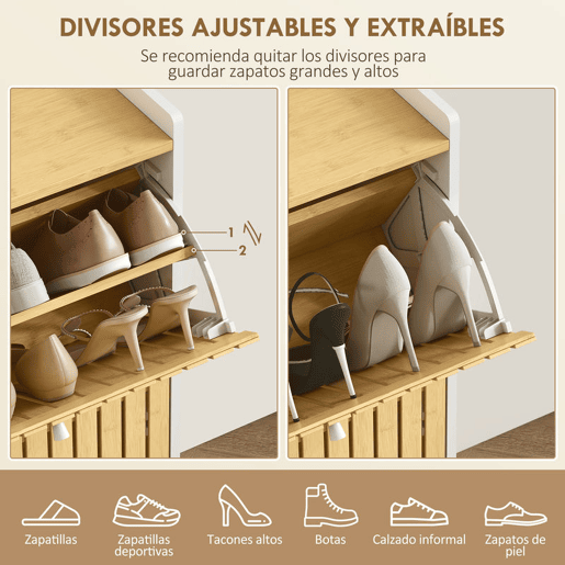 HOMCOM Sapateira Estreita com 2 Portas de Bambu em Ripas Móvel Sapateira com Prateleiras Ajustáveis para 12 Pares de Sapatos 60x24x82,5 cm Branco e Madeira