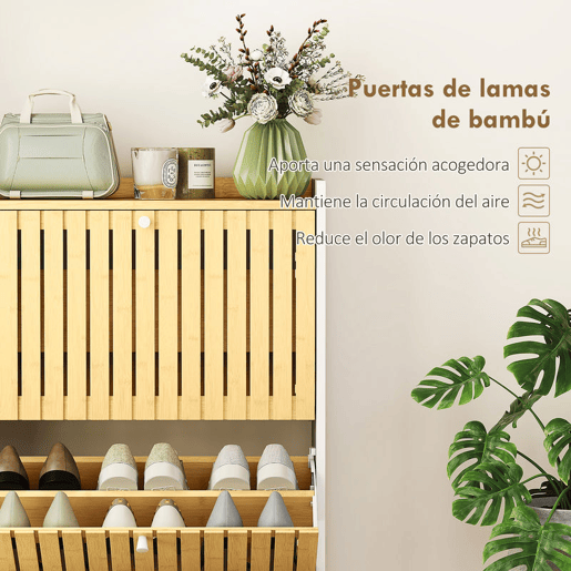 HOMCOM Sapateira Estreita com 2 Portas de Bambu em Ripas Móvel Sapateira com Prateleiras Ajustáveis para 12 Pares de Sapatos 60x24x82,5 cm Branco e Madeira