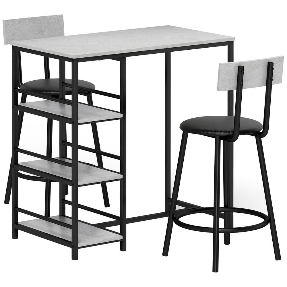 Homcom conjunto de mesa alta de bar con 2 taburetes mesa alta de cocina con taburetes estantes laterales asiento acolchado y barra para descanso de pies para comedor gris oscuro