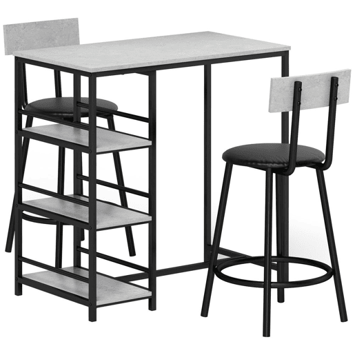 HOMCOM Conjunto de Mesa Alta de Bar com 2 Bancos Mesa Alta de Cozinha com Bancos Prateleiras Laterais Assento Acolchoado e Barra para Descanso dos Pés Cinza Escuro