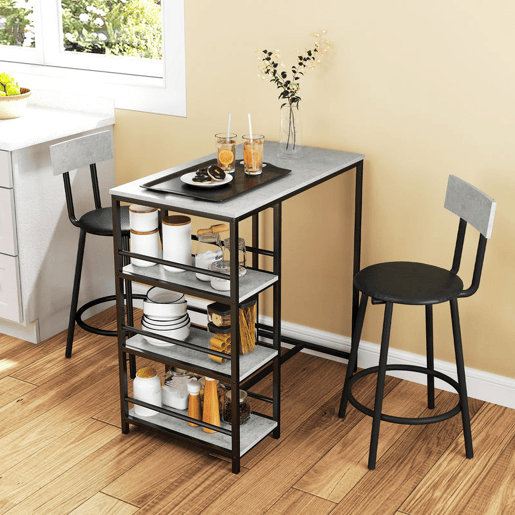 HOMCOM Conjunto de Mesa Alta de Bar com 2 Bancos Mesa Alta de Cozinha com Bancos Prateleiras Laterais Assento Acolchoado e Barra para Descanso dos Pés Cinza Escuro