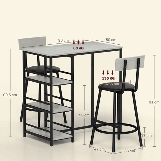 HOMCOM Conjunto de Mesa Alta de Bar com 2 Bancos Mesa Alta de Cozinha com Bancos Prateleiras Laterais Assento Acolchoado e Barra para Descanso dos Pés Cinza Escuro