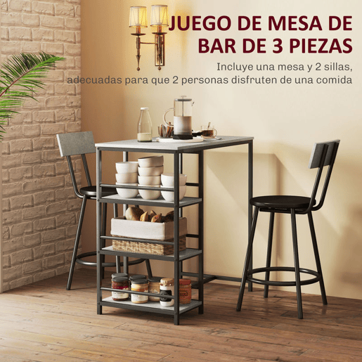 HOMCOM Conjunto de Mesa Alta de Bar com 2 Bancos Mesa Alta de Cozinha com Bancos Prateleiras Laterais Assento Acolchoado e Barra para Descanso dos Pés Cinza Escuro