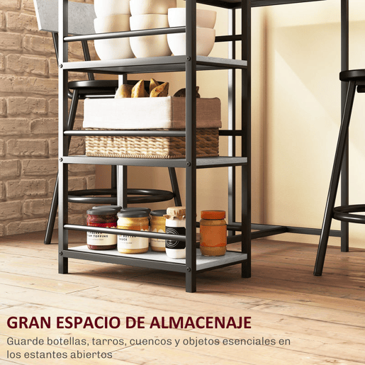 HOMCOM Conjunto de Mesa Alta de Bar com 2 Bancos Mesa Alta de Cozinha com Bancos Prateleiras Laterais Assento Acolchoado e Barra para Descanso dos Pés Cinza Escuro