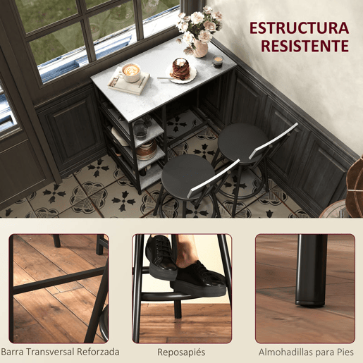 HOMCOM Conjunto de Mesa Alta de Bar com 2 Bancos Mesa Alta de Cozinha com Bancos Prateleiras Laterais Assento Acolchoado e Barra para Descanso dos Pés Cinza Escuro