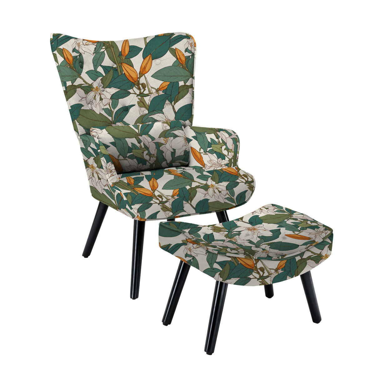 Sofá individual de lino estampado lilium floral con reposapiés