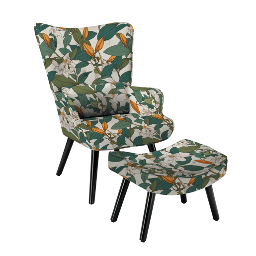 Sofá individual de imitação de linho estampado verde branco lilium floral com apoio para os pés