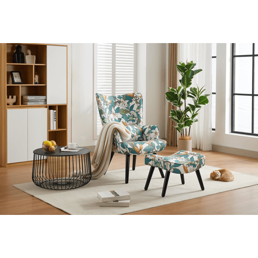 Sofá individual de imitação de linho estampado verde branco lilium floral com apoio para os pés