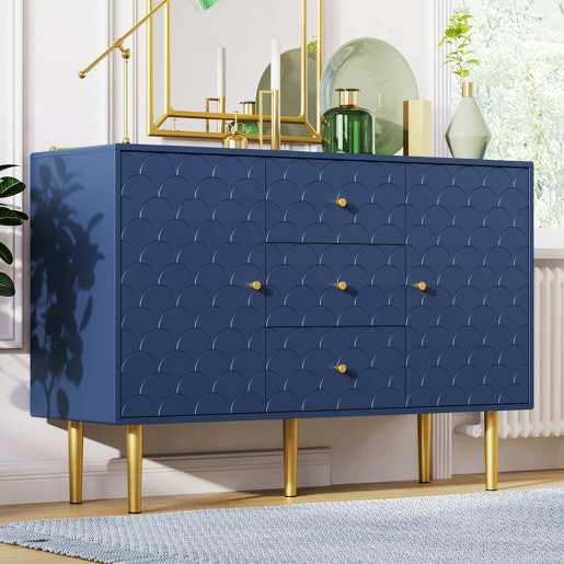 Cómoda alta com 2 portas e 3 gavetas em azul marinho com padrão de escamas H82L120T40 AIKETS